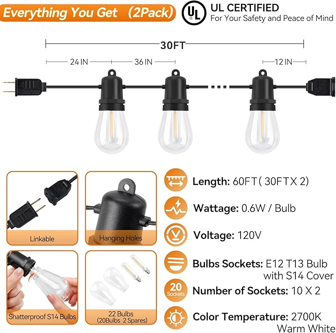 60FT Total LED Outdoor String Lights 2-Pack Dimmable Extendable S14 Bulbs IP44 Weatherproof Shatterproof Value Pack for Deck Garden