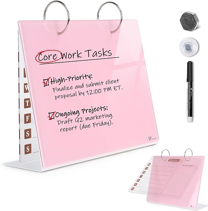 Desktop Glass Dry Erase & Acrylic Aesthetic Desk Calendar Weekly to-do List Combo, Small Magnetic Standing Whiteboard, Desk Flip Easel Calendar with Accessories for Home Office Supply, Pink, 9 x 7''