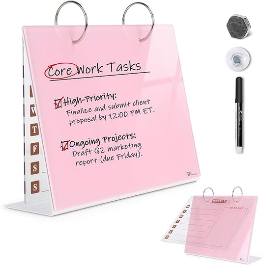 Desktop Glass Dry Erase & Acrylic Aesthetic Desk Calendar Weekly to-do List Combo, Small Magnetic Standing Whiteboard, Desk Flip Easel Calendar with Accessories for Home Office Supply, Pink, 9 x 7''