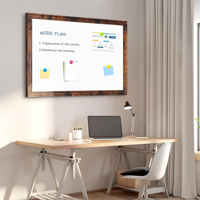 4 THOUGHT Dry Erase Board, 24" x 18" Magnetic Whiteboard Brown Vintage Wood Frame Wall-Mounted White Board Decorative Notice Board School, Office, Home, 6 Magnets 4 Markers 1 Eraser