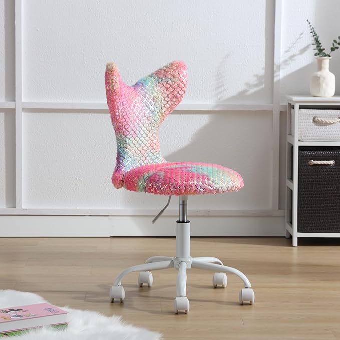 Fuzzy Desk Chair, Cute Swivel Children Desk Chair with Wheels for Kids Bedroom Upholstered Rolling Study Chair Adjustable Computer Chair Mermaid Back Vanity Chair for Teen Girls Boys, Red Colorful