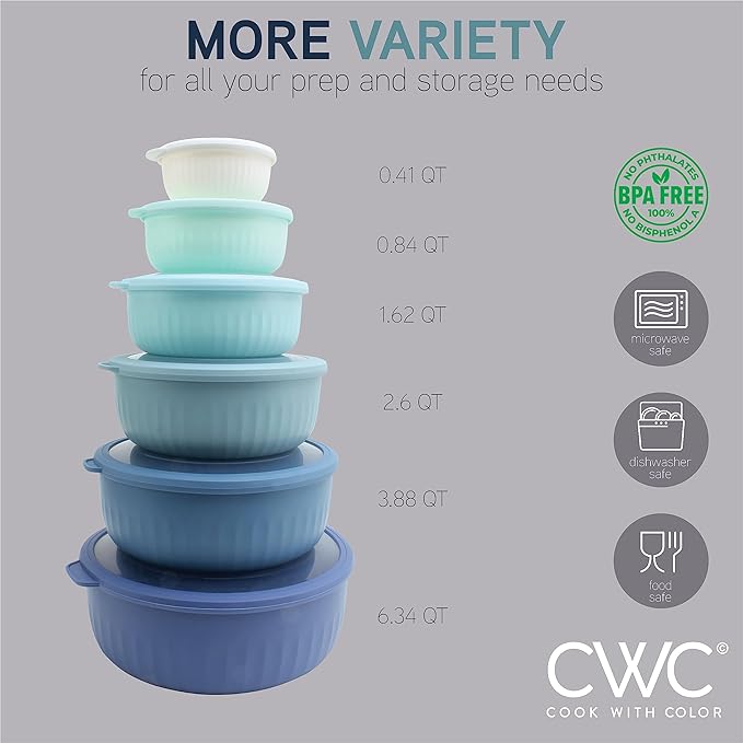 COOK WITH COLOR Prep Bowls with Lids- Wide and Deep Nesting Plastic Small Mixing Bowl Set with Lids, 12 Piece Set - Wide Bowls, Blue