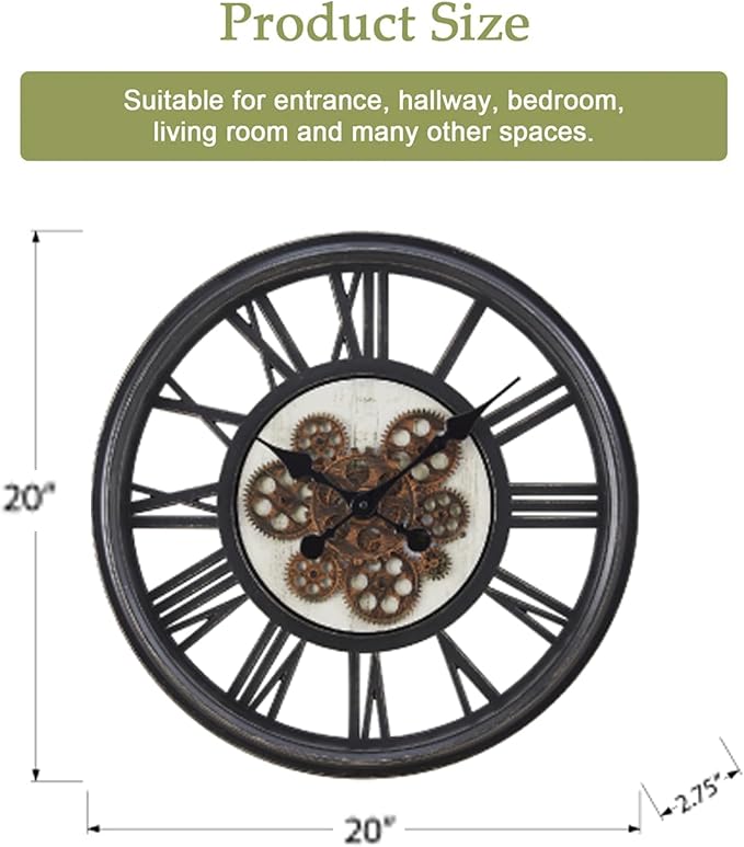 20 Inch Retro Black Wall Clock, Silent Non-Ticking Battery Operated Round Vintage Clock with Moving Gears,Decorative Living Room, Kitchen, Bedroom Decor