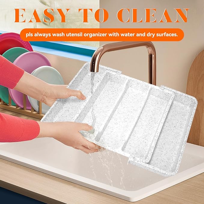 Expandable Large Silverware Organizer, Utensil Drawer Organizer for Kitchen Cutlery, Marble Design， Adjustable Cooking Utensil Tray, Plastic Spatula Tools and Gadgets Storage Divider, White