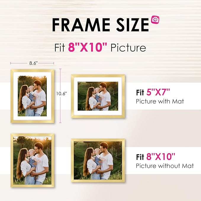 FIXSMITH 8x10 Picture Frame Bulk-6 Pack, Gold Picture Frames Collage Wall Decor, Wall & Tabletop Picture Frames, Photo Frame with HD Plexiglass, Display Pictures 5x7 with Mat or 8x10 Without Mat