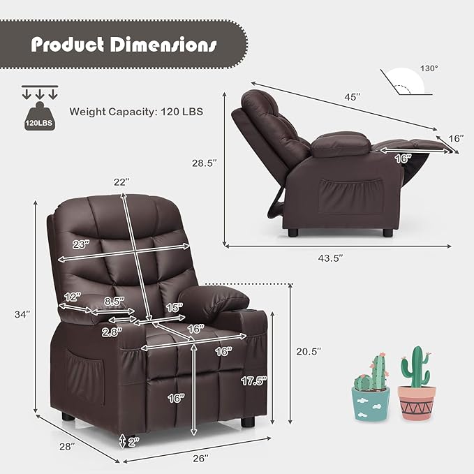 Costzon Kids Recliner Chair with Cup Holder, Adjustable Leather Lounge Chair w/Footrest & Side Pockets for Children Boys Girls Room, Ergonomic Toddler Furniture Sofa, Kids Recliner (Brown)