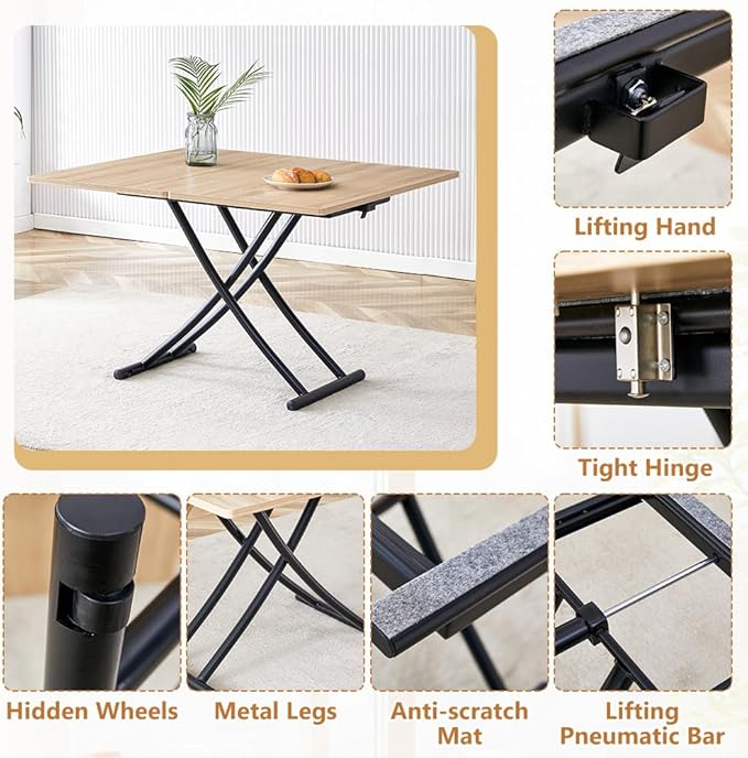 4 in 1 Folding Dining Table with Adjustable Lift Top & Wheels, Multi-Function Coffee Table to Dining Table for Apartments, Kitchens, Living Rooms, Scratch-Resistant & Easy Assembly