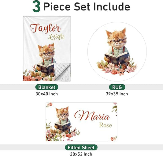 Personalized Baby Crib Bedding Set - Custom Name Cat Theme 3 Pcs Set - Soft Blanket with Double Layer Dotted Backing, Fitted Sheet, Room Rug for Newborns Boys Girls Shower Gift