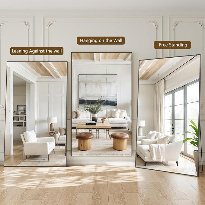 Koonmi 81"x41" Floor Mirror Full Length, Bedroom Floor Body Mirror with Stand, Large Black Mirror, Leaning, Standing or Hanging Horizontally/Vertically