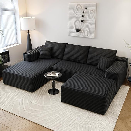 107.5" Cloud Sectional Couch with 1 Ottoman,Modern Modular Sofa with Deep Seat, Comfort U Shaped Sofa Couches for Living Room Bedroom Apartments,No Assembly Required, (Black,Left Facing Chaise)