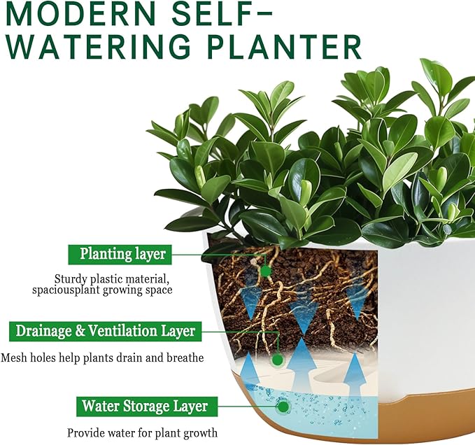 8/10/12 Inch Pots for Indoor Plants, Large Self Watering Planters with Drainage and Saucers, Plastic Outdoor Flower Pot, Set of 3, White