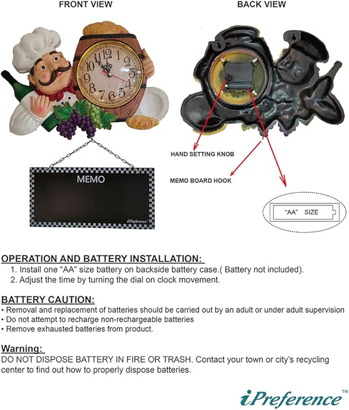 2 in 1 Wall Clock and Black Board with Chef Décor Display and Leave Your Message on The rewritable Black Board, Decoration/Home/Kitchen/Livingroom/Dining Room/Restaurant/Bar/Cafe