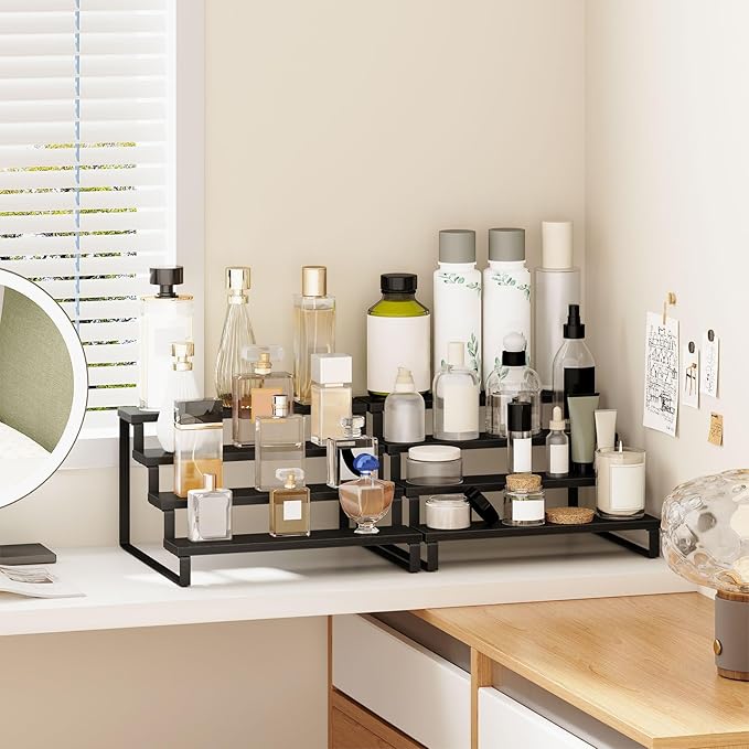 Giikin Set of 2 Wooden Display Stand Riser, 3 Tier Display Stand Perfume Organizer Stand Cupcake Stand Holder, Tiered Display Stand Risers Display Shelf for Home and Shop, Black