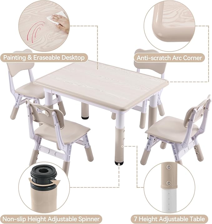 Height-Adjustable Kids Table and 4 Chairs Set, Toddler Table and Chair Set with Graffiti Desktop, 31.5''L x 23.6''W Children Activity Table for Daycare, Classroom, Home