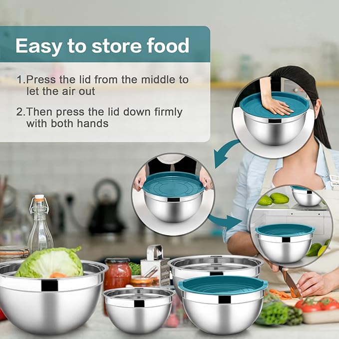 E-far Stainless Steel Mixing Bowls with Lids, 7-Piece Metal Nesting Bowls with Blue Airtight Lids for Saving Storage Space, Size 7, 4.6, 3, 2, 1.5, 1, 0.7QT, Great for Baking/Cooking/Prepping