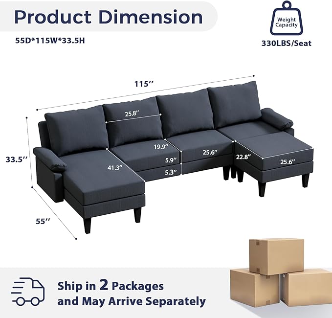 FONTOI U Shaped Sectional Couch, Convertible Modular Sectional Sofa with Chaise & Ottomans, Modern 6 Seat U Shaped Couches for Living Room Apartment, Blue