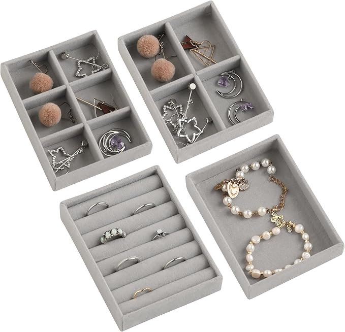 Frebeauty Small Jewelry Tray Set,Stackable Velvet Jewelry Organizer Tray,Mini Jewelry Drawer Organizer,Drawer Inserts,4.92 x 3.74 x 0.9 Inches,Earring Organizer for Women(Set 4,Grey)