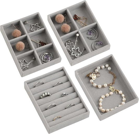 Frebeauty Small Jewelry Tray Set,Stackable Velvet Jewelry Organizer Tray,Mini Jewelry Drawer Organizer,Drawer Inserts,4.92 x 3.74 x 0.9 Inches,Earring Organizer for Women(Set 4,Grey)