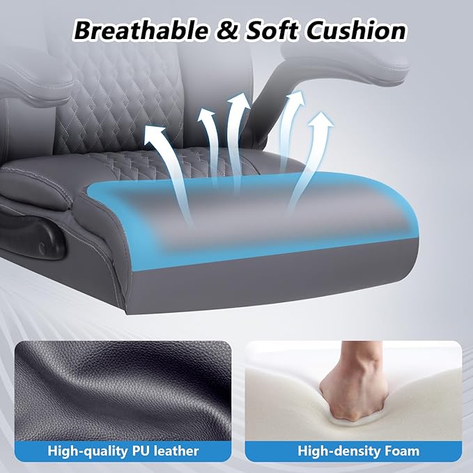 Leather Office Chair Desk Chair, Comfortable Office Desk Chair Computer Chair with Adjustable Flip-up Armrest, Ergonomic Executive High Back Tall Chairs with Smooth Wheels, Grey