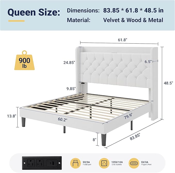 Allewie Queen Size Bed Frame, Storage Headboard with Charging Station, Wingback Velvet Upholstered, Diamond Stitched Button Tufted, Sturdy Wooden Slats, No Box Spring Needed, Easy Assembly, White