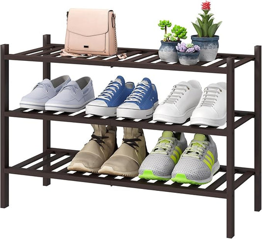 Shoe Rack for Closet, 3-Tier Bamboo Wood Shoe Racks, Stackable | Beautiful | Natural | Functional | Sturdy, Bamboo Shoe Rack for Entryway Hallway Closet