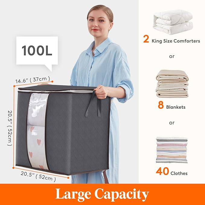 Lifewit 3 Pack Clothes Storage Bins with Lids, Foldable Blanket Storage Bags with Zippers, Clear Window and Reinforced Handles, Closet and Organization for Clothing, Sweater, Comforter, Bedding, Gray