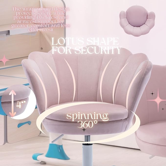 Pink Kids Desk Chair, Cute Velvet Adjustable Children Desk Chair Rolling Study Armchair Upholstered Computer Chair Shell Back 360° Swivel Vanity Chair for Teen Boys Girls Bedroom Study