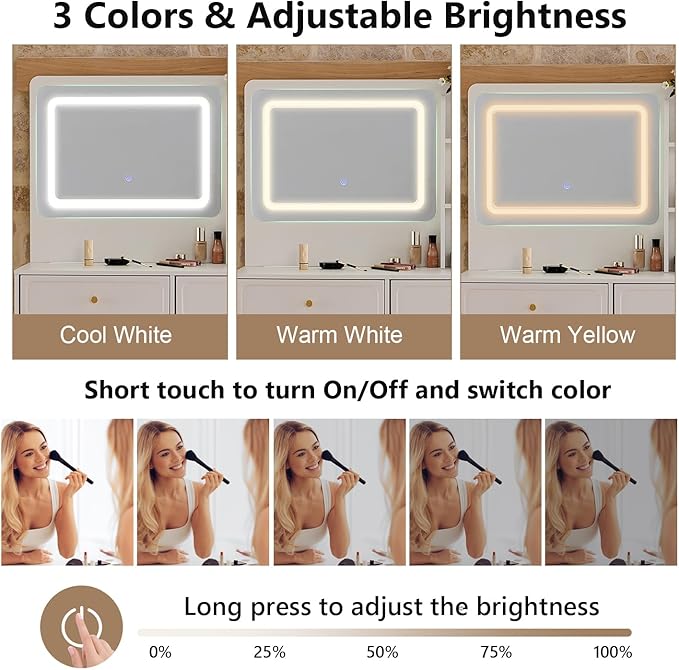 Merax 58" Large Vanity Desk with Mirror and Lights, Modern White Makeup Vanity Set with Stool and Power Outlet, Retractable Dressing Table with Drawers and Side Cabinet for Bedroom Women