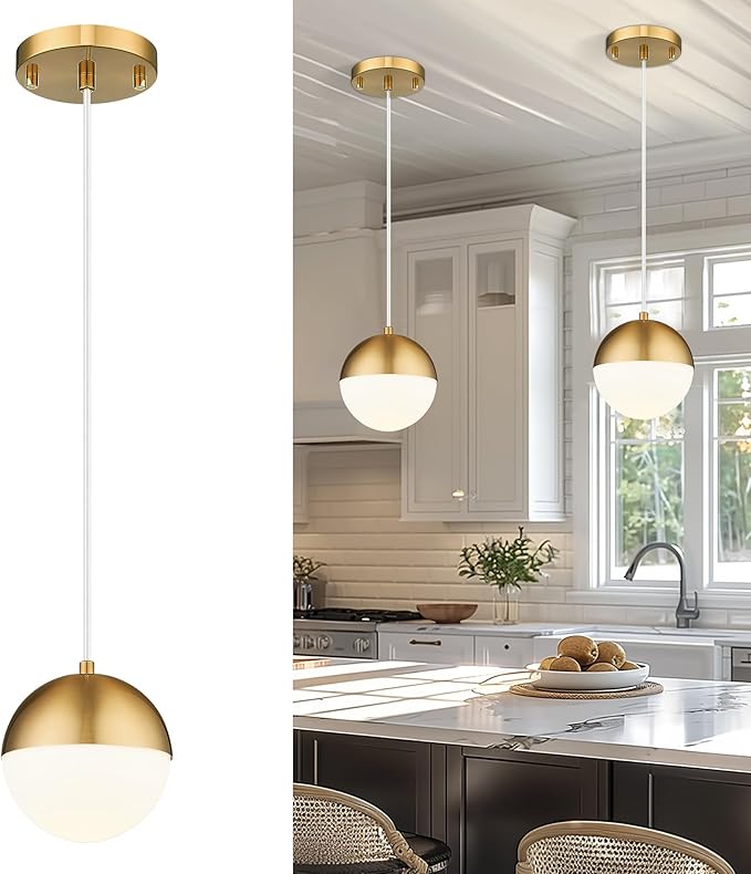 LMS 6-inch Brushed Gold Pendant Light Fixtures, Mid Century Pendant Light Fixtures with White Globe Glass, Adjustable Hanging Cord Ceiling Light Fixtures for Dining Room Bathroom, LMS-186BGS