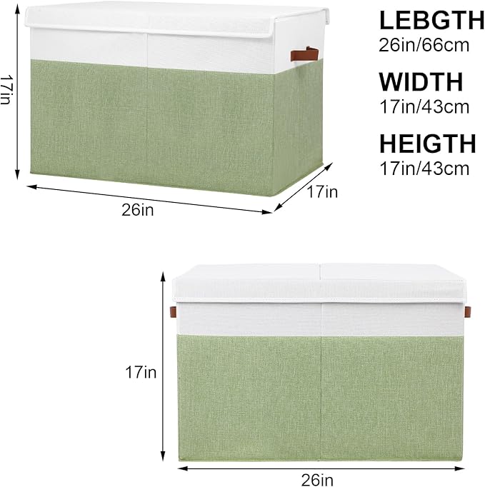 Large Toy Storage Box with Lid, Sturdy Toys Storage Chest Bin Organizer Basket with Dividers for Kids, Boys, Girls, Nursery, Closet, Bedroom, Playroom 26"x17" x17" (Green and White)