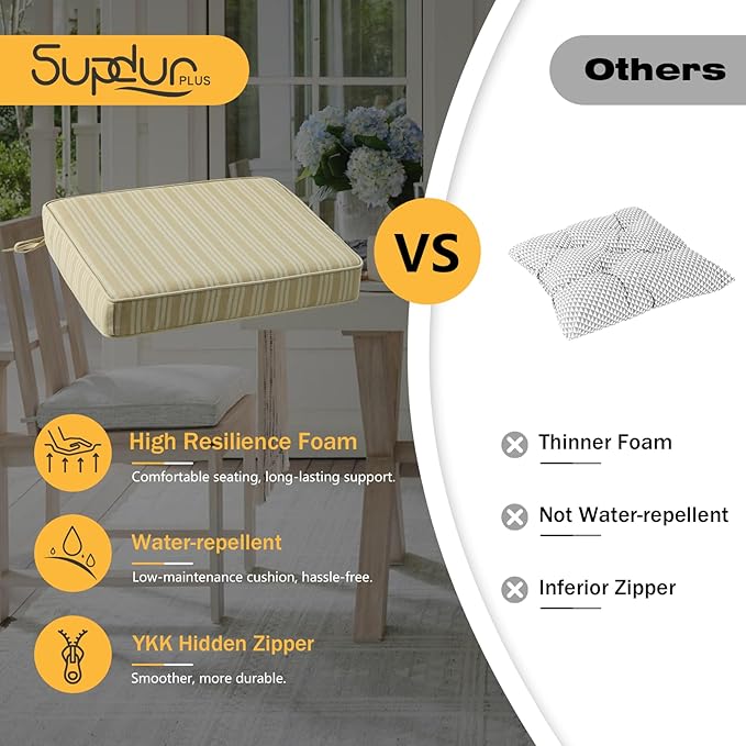 Outdoor Square Corner Seat Cushion, 19"x19"x3", Set of 4, Non Slip Seat Cushion Pads with Removable Cover for Patio Furniture, Garden Yard Lawn, Beige Brown Stripe