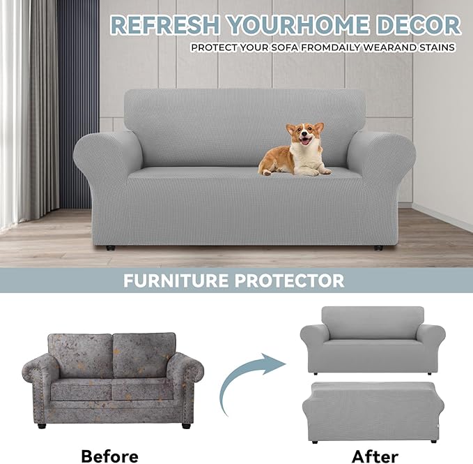 LURKA Stretch Loveseat Sofa Slipcovers 1 Piece Couch Covers for Sofa Furniture Protector Full Sofa Covers with Elastic Bottom for Kids and Dog (Medium, Sliver)
