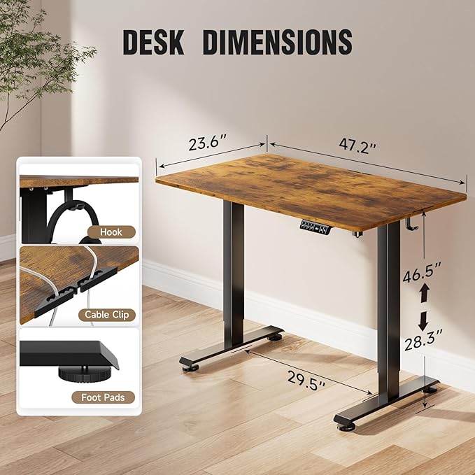 Veken 47.2" Standing Desk Electric, Height Adjustable Sit Stand Up, Wood Desktop, Work Home Office, Computer PC Table, Writing or Gaming Rising Desks, Brown