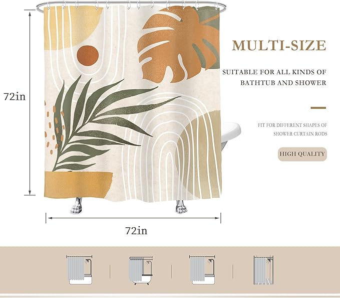 Glawry Beige Green Boho Shower Curtain Mid Century Abstract Plant Tropical Palm Leaf Modern Minimalist Bathroom Arch Geometric 72Wx72L Inches Bath Accessories Art Home Decor Fabric 12 Pack Hook