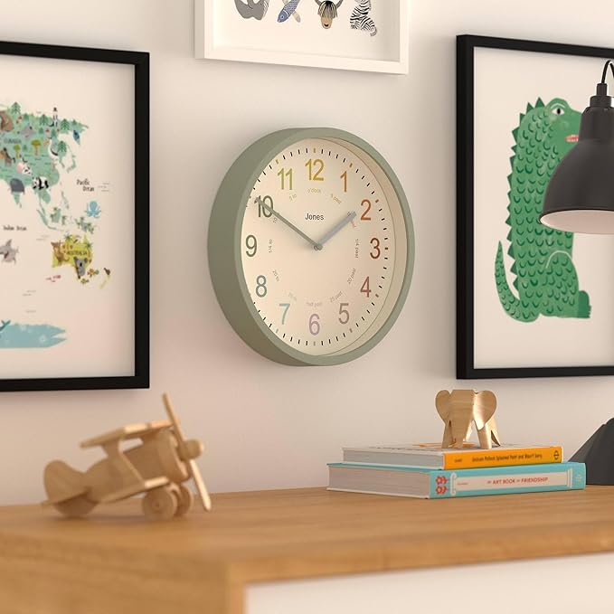 JONES CLOCKS® Kids Wall Clock | Small Modern Children’s Clock | 10 inch | Sage Green | Colourful Numbers | Learn to Tell The time
