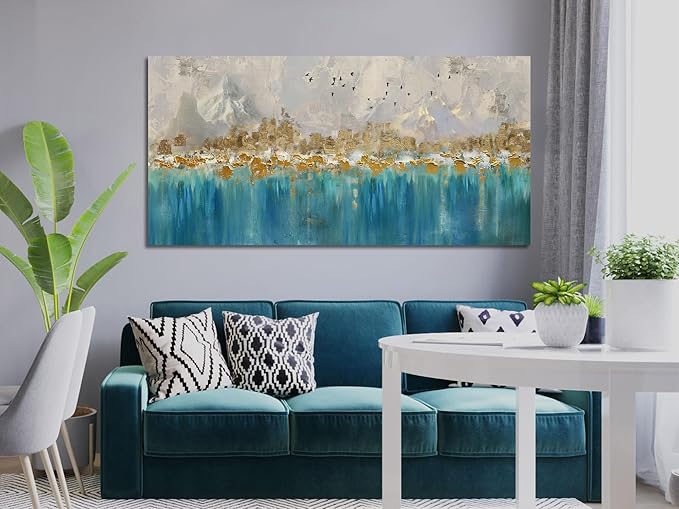 Arjun Teal Gold Abstract Wall Art Blue Turquoise Hand Painted Textured Painting Canvas Modern Grey Artwork Wooden Framed for Living Room Bedroom Bathroom Home Office Wall Decor, Extra Large 58"x29"