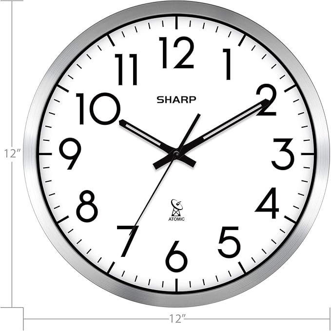 Sharp Atomic Analog Wall Clock - 12" Silver Brushed Finish - Sets Automatically- Battery Operated - Easy to Read - Easy to Use– Modern Design and Style