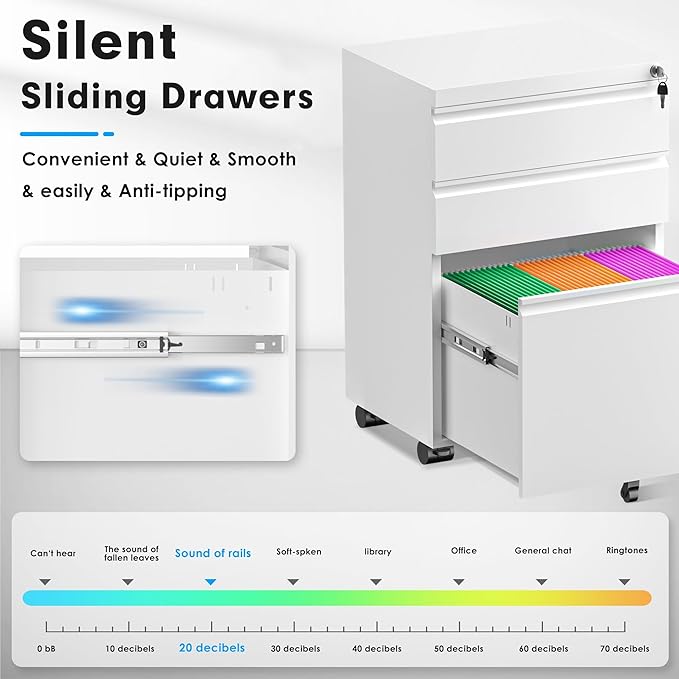 Greenvelly 3-Drawer Mobile File Cabinet with Locking Drawers & Wheels, No assembly required White Rolling Metal Filing Cabinet for Home Office, Lockable File Organizer Under Desk or Letter/Legal Files