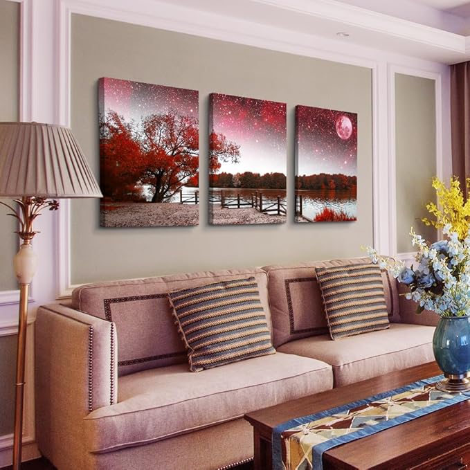 Wall Art Decor Poster Living Room Abstract Red Tree Moon Starry Sky Red Landscape Paintings Bathroom Wall Art Bedroom Canvas Prints Works 3 Pieces Picture Ready To Hang Office Home Decoration Artwork