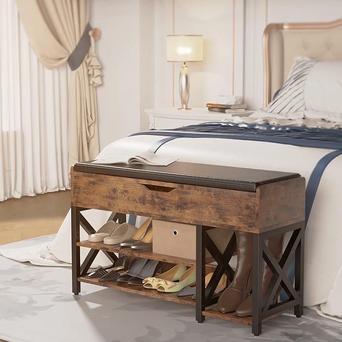 Shoe Bench, Lift Top Shoe Storage Bench, Adjustable Shelf Entryway Bench, Metal and Wood Shoe Rack Organizer with Cushion for Entry, Closet, Living Room, Bedroom, Hallway (Brown, 39.5“W)