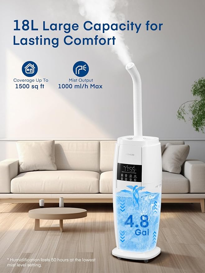 FOHERE 4.8Gal/18L Humidifier Large Room, Easy Top Fill Cool Mist Tower Humidifiers Quiet for Home, Indoor Plant, Commercial, Whole House Cover up to 1500ft², with Smart Humidity Sensor, Remote, White