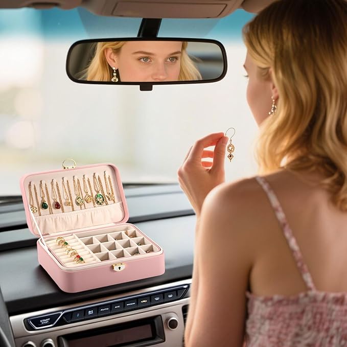 Travel Jewelry Case With Lock, 2-Layer PU Leather Jewelry Box for Women, Ring Box and Jewelry Organizer, Large Jewelry Travel Case,Best Gifts for Women for the Holidays(Pink)