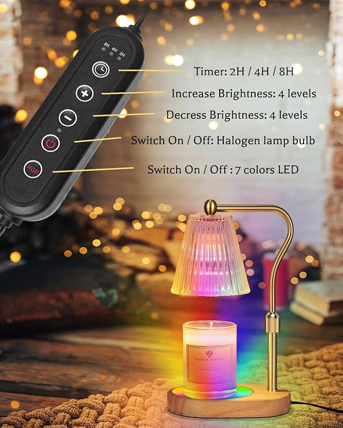 Candle Warmer Lamp with 7 LED Colors Changing,Candle Warmer with Timer Dimmer, Electric Candle Lamp with Adjustable Height Home Decor for Secented Jar Candles Christmas Gift for Mom Women