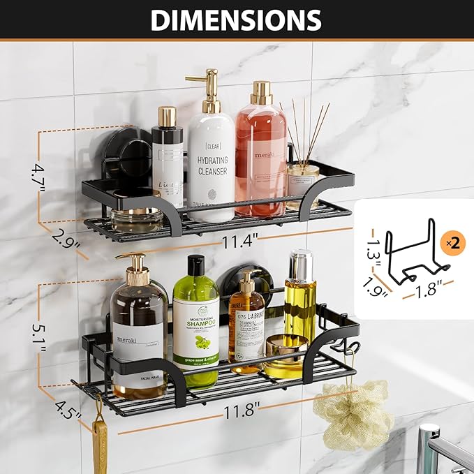 LEVERLOC Shower Caddy Suction Cup, 2 Pack Shower Shelves for Inside, Black Rustproof Metal Bathroom Storage NO-Drilling Bathroom Organizer with Large Capacity, Heavy Duty Storage Basket