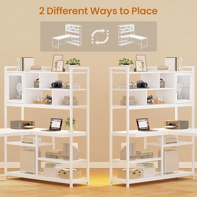 SEDETA L Shaped Computer Desk, 58'' Office Desk with LED Light and Bookshelf, L Shaped Corner Desk with Storage Shelves for Home Office, Gaming Desk, L Desk, White