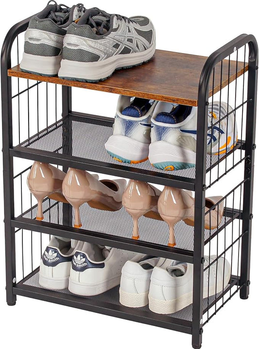 Shoe Rack, 4-Tier Shoe Organizer with Guardrails, Heavy-Duty Metal Mesh Shelves & Rustic Wooden Top for Stylish Closet & Front Door Storage