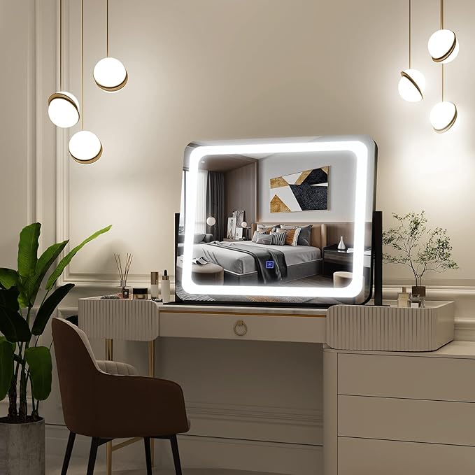 FENNIO Vanity Mirror with Lights 22"x17",LED Lighted Makeup Mirror,Large Makeup Mirror with Lights,Touch Screen with 3-Color Lighting,Led Mirror Makeup,Dimmable,for Vanity Desk Tabletop,Bedroom