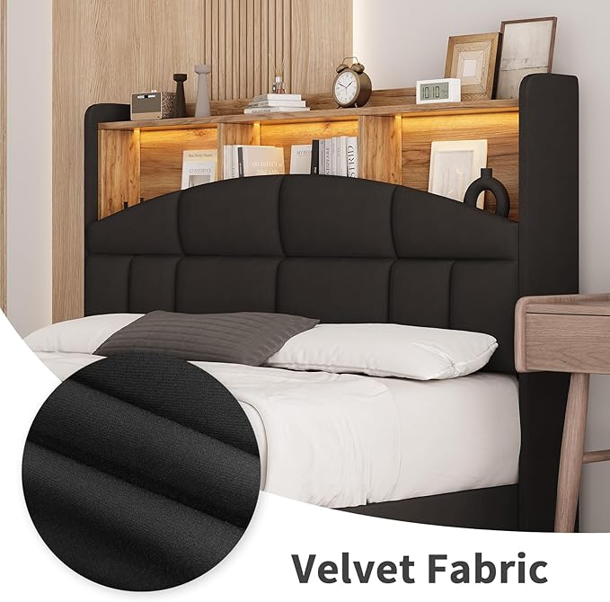 Full Size Bed Frame with Headboard, Velvet Upholstered Bed Frame with LED Lights, Full Size Platform Bed with Wooden Slats Support, No Box Spring Needed, No Noise, Black