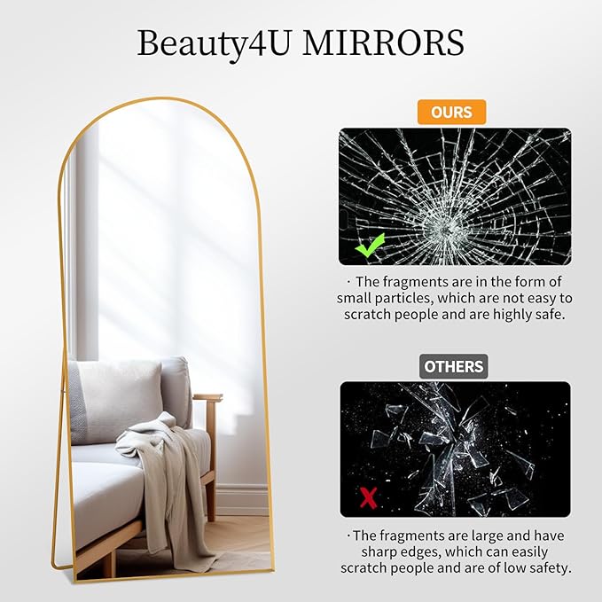 Beauty4U Arched Full Length Mirror, Standing or Leaning, Bedroom Dressing Mirror with Gold Aluminum Alloy Frame, 65" x 24"