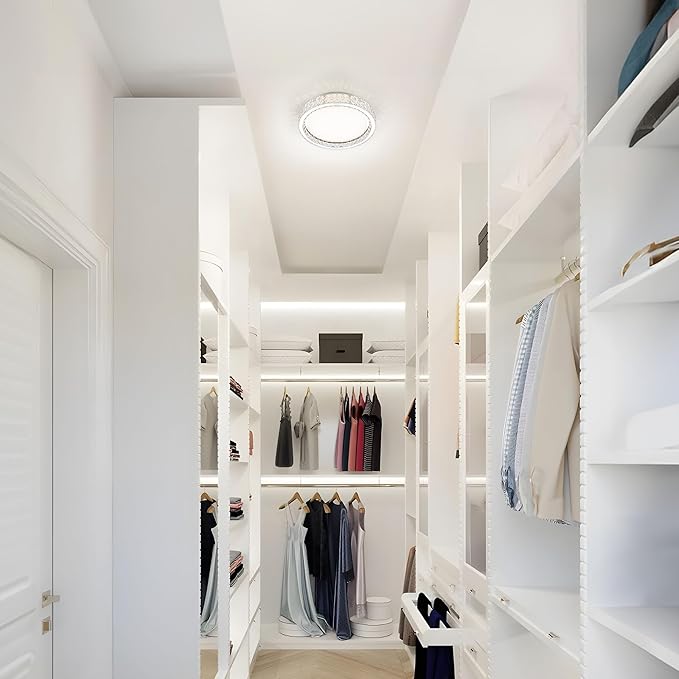 LamQee Crystal Flush Mount Ceiling Light Fixture, Dimmable LED Modern Close to Ceiling Light, Hallway Light Fixtures Round Ceiling Chandelier for Bedroom Kitchen Bathroom Closet Foyer, Small, 9.8 inch